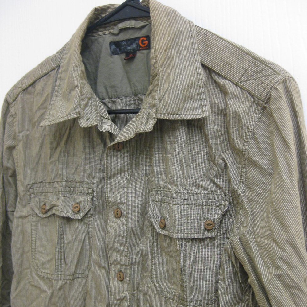 EUC green white striped Guess button-up shirt M - Picture 2 of 4